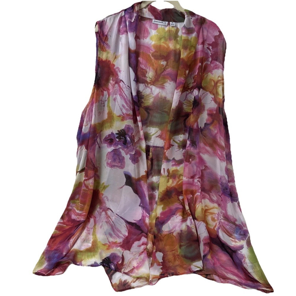 Susan Graver 3X Sheer Floral Kimono Open Front Sleeveless Boho Watercolor